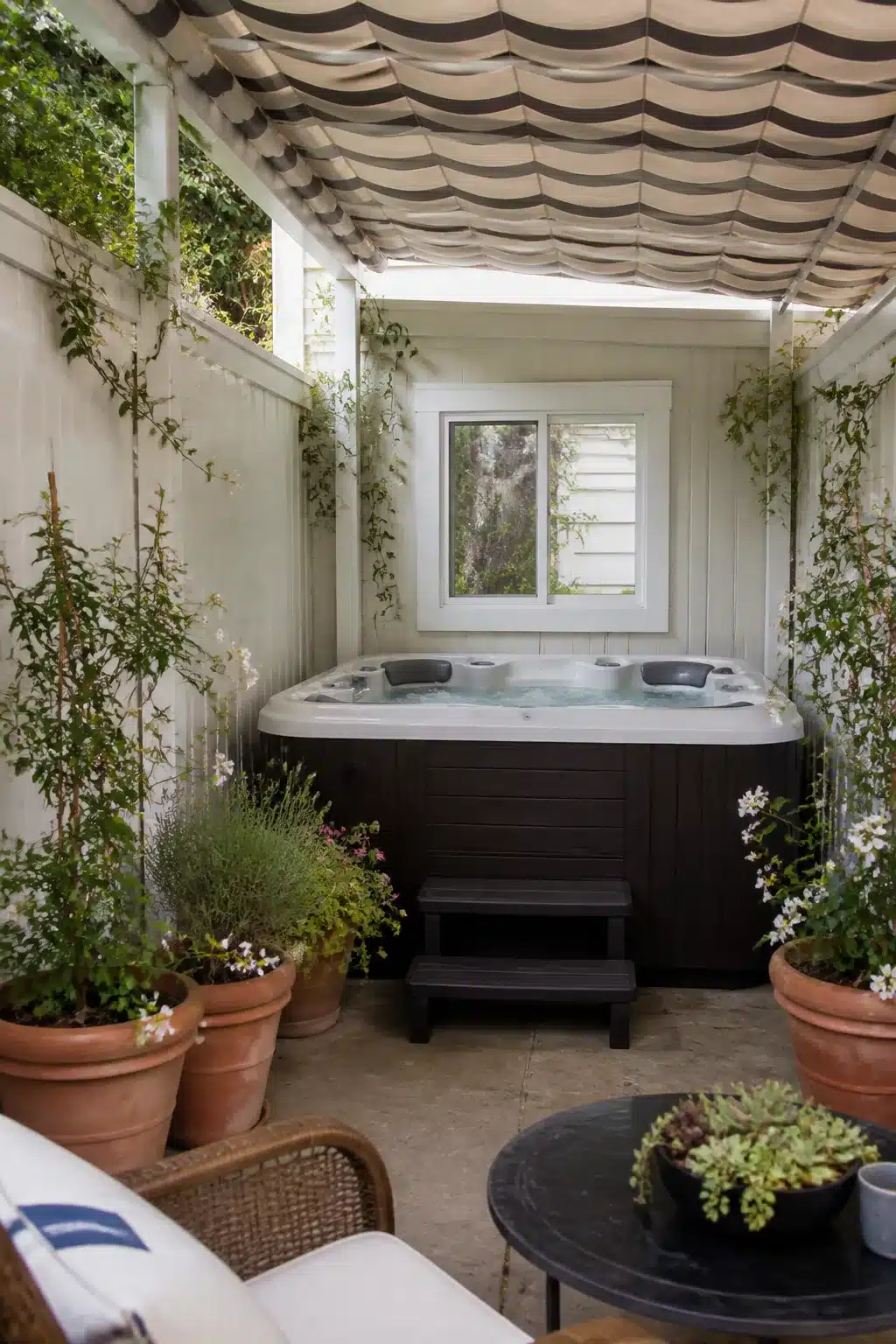 Enclosed hot tub ideas for backyards — striped retractable awning over a white fence nook with terracotta pots and climbing vines.