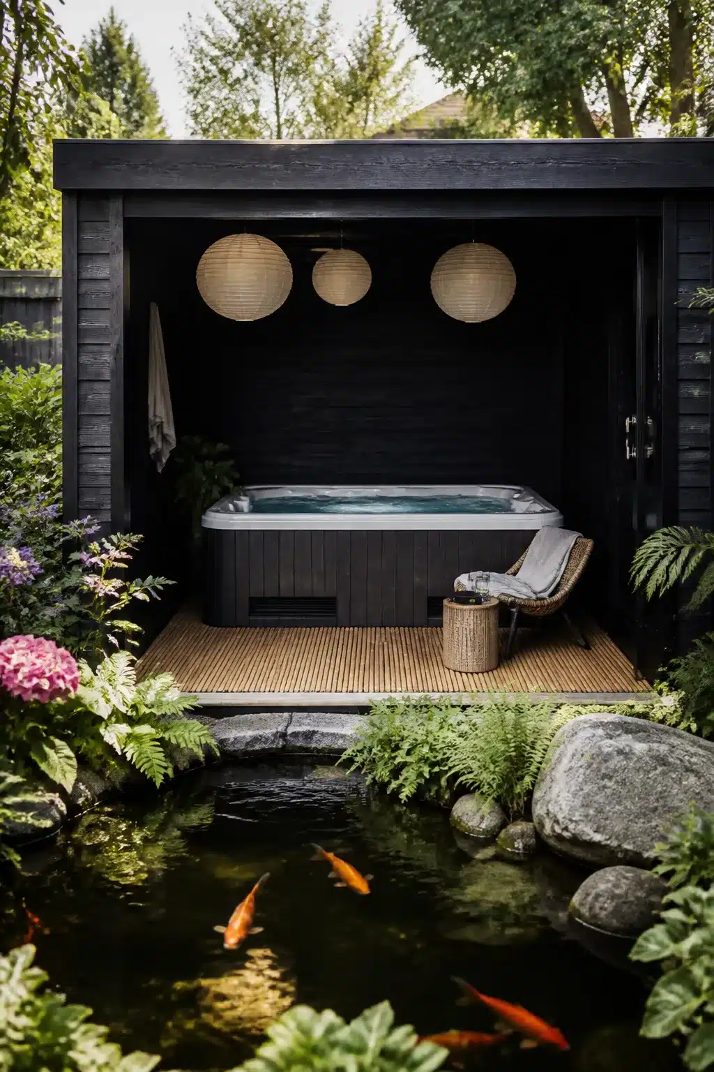 Enclosed hot tub ideas for backyards — charred black wood pavilion with koi pond, teak deck, and paper lantern lighting
