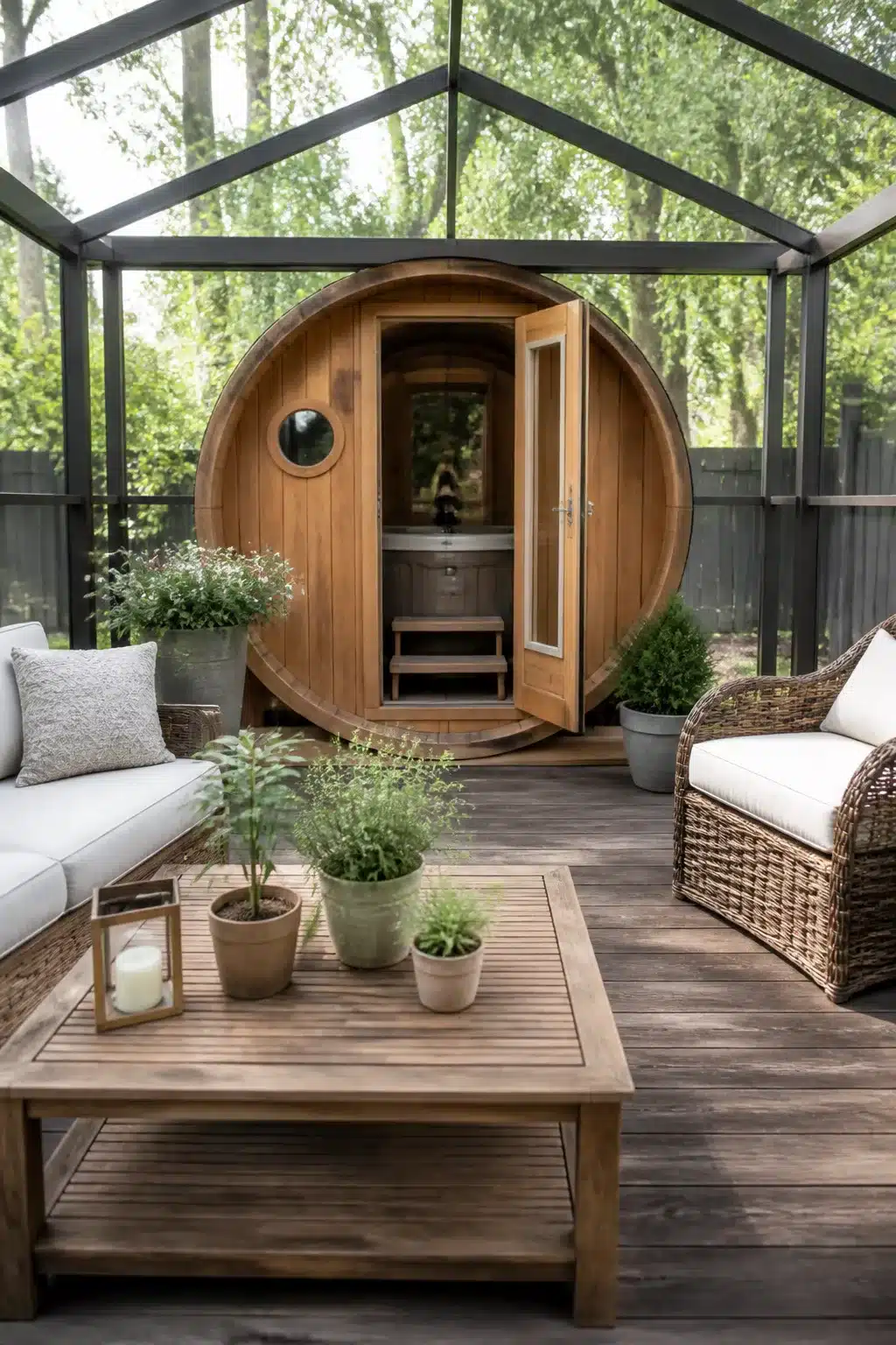 Enclosed hot tub ideas for backyards featuring a round cedar barrel sauna inside a glass and steel backyard enclosure