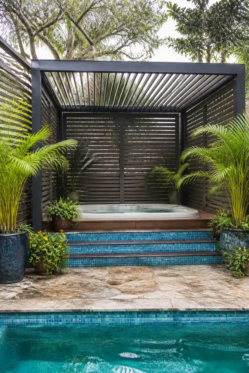 Enclosed hot tub ideas for backyards — dark louvered pergola with blue mosaic tile steps beside a pool