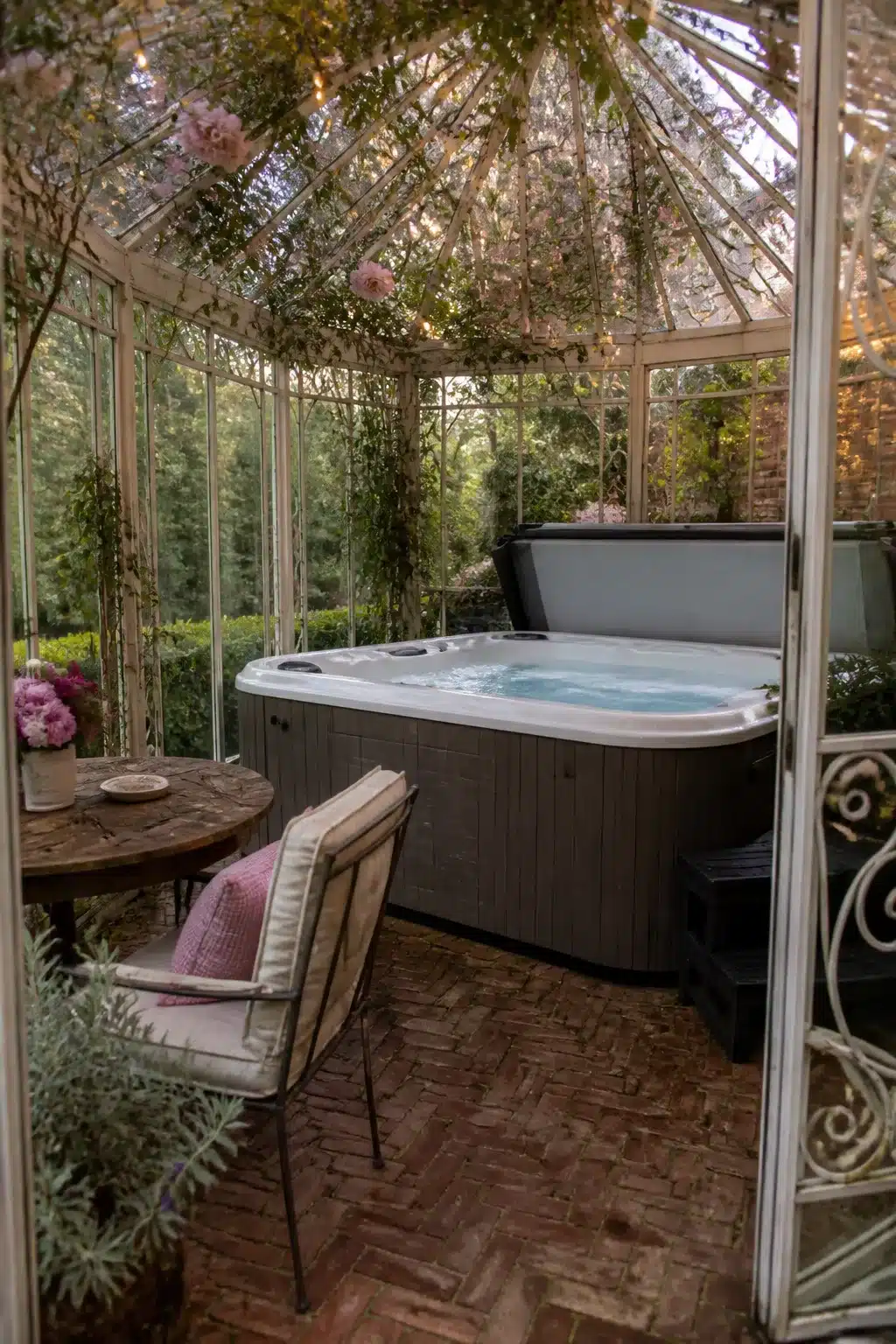 Enclosed hot tub ideas for backyards — white wrought iron conservatory with climbing roses and herringbone brick floor