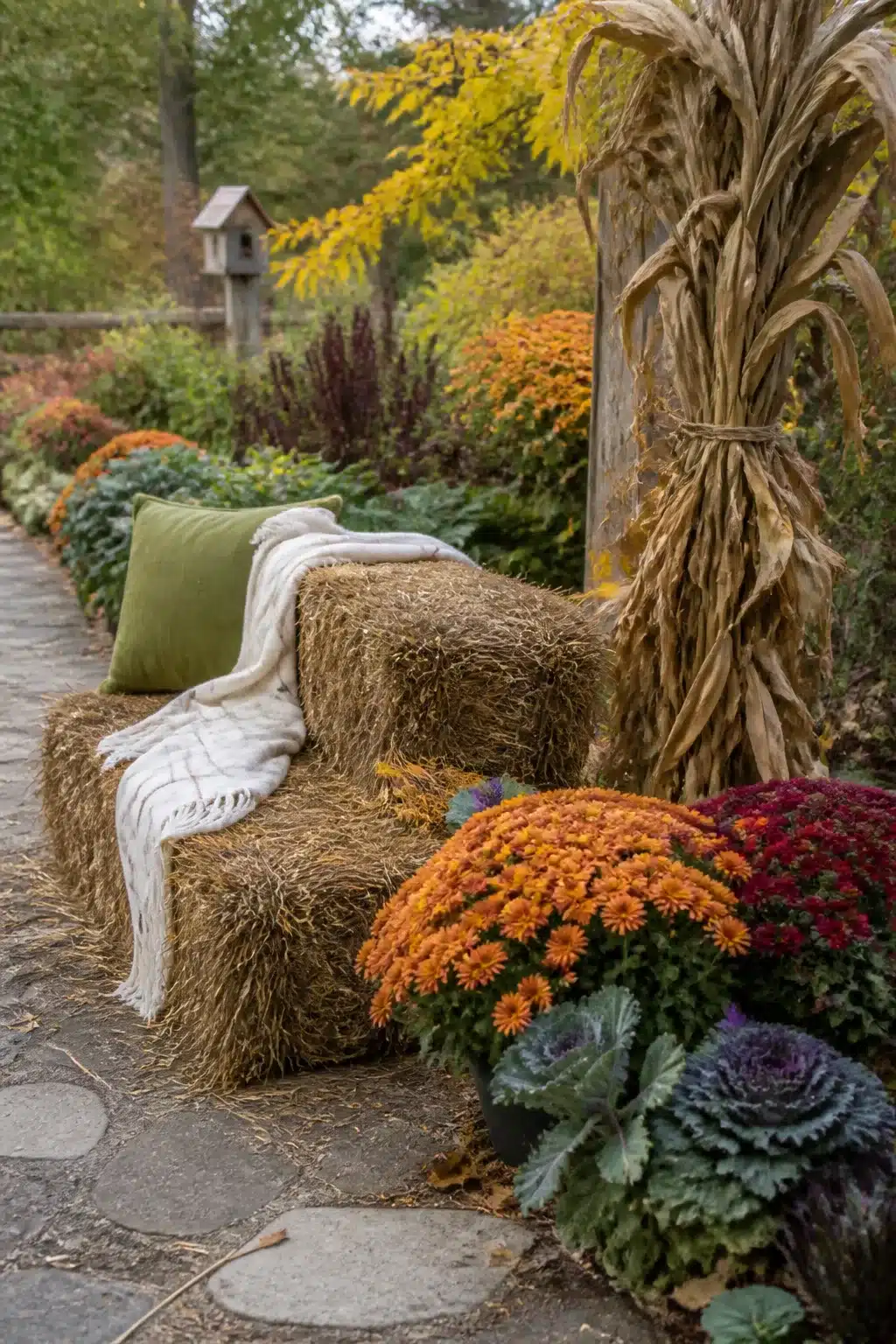 Hay bale garden seating with orange mums and ornamental cabbage — fall garden ideas for outdoor spaces