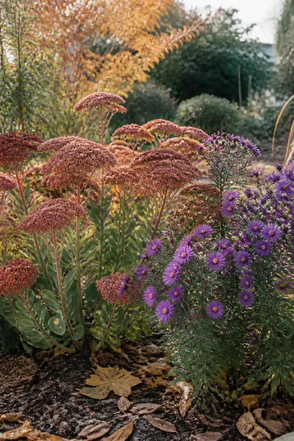 Purple asters and russet sedum flower heads in a fall garden border — seasonal planting ideas for autumn color