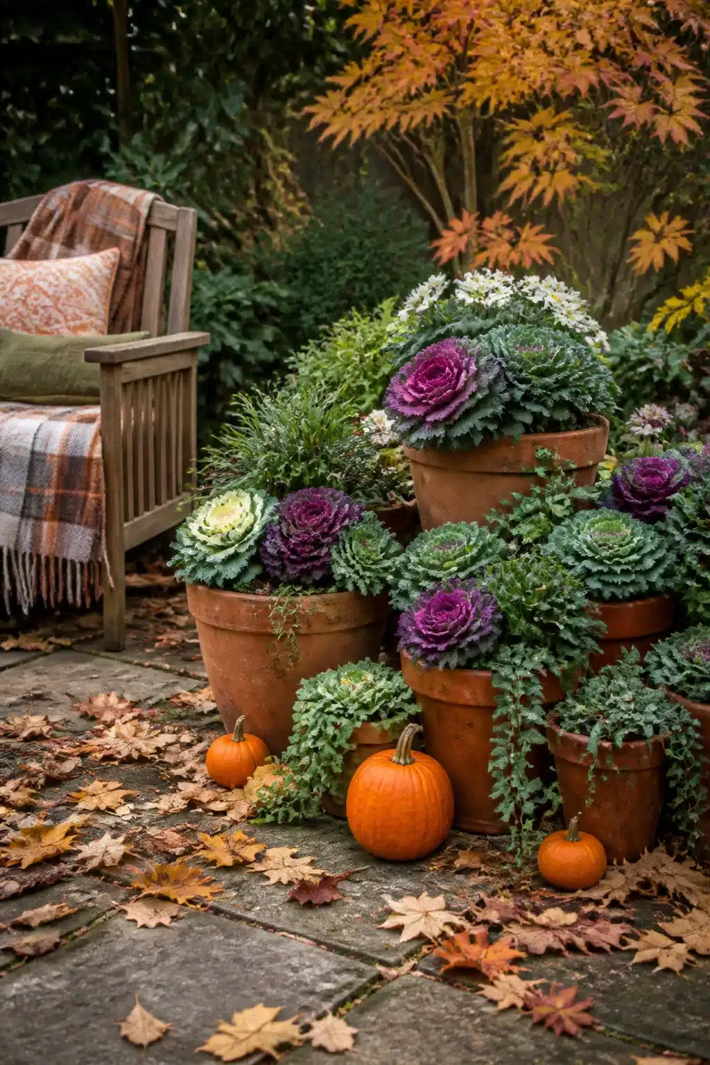 Terracotta pots with ornamental kale and pumpkins on a flagstone patio — fall garden ideas for autumn container displays