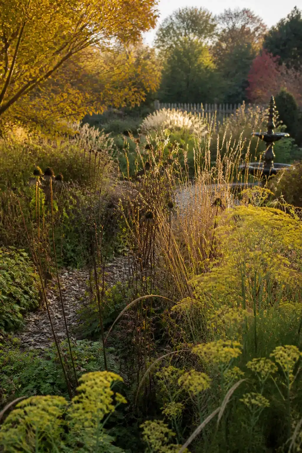 Fall garden ideas with echinacea seed heads, ornamental grasses and a gravel path glowing in autumn light