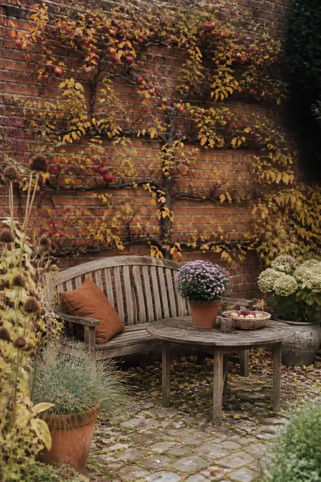 Espalier apple tree on aged brick wall with teak bench and autumn foliage — fall garden ideas