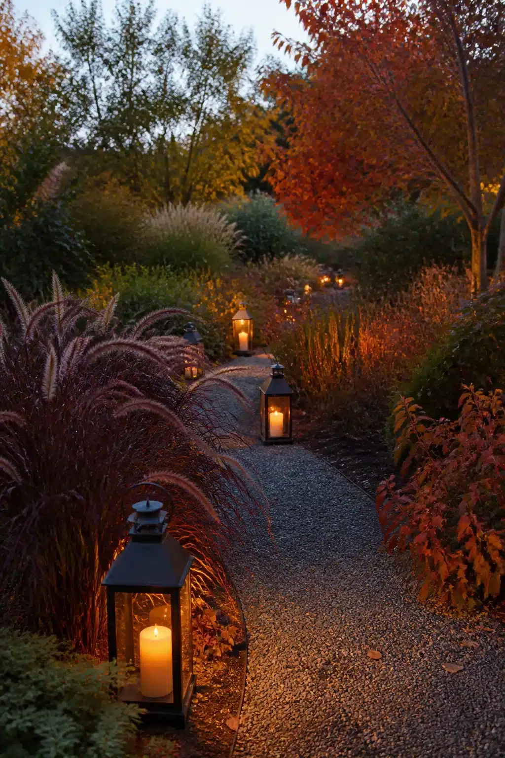 Black lantern candle path through ornamental grasses and red autumn foliage — Fall Garden Ideas for evening ambiance