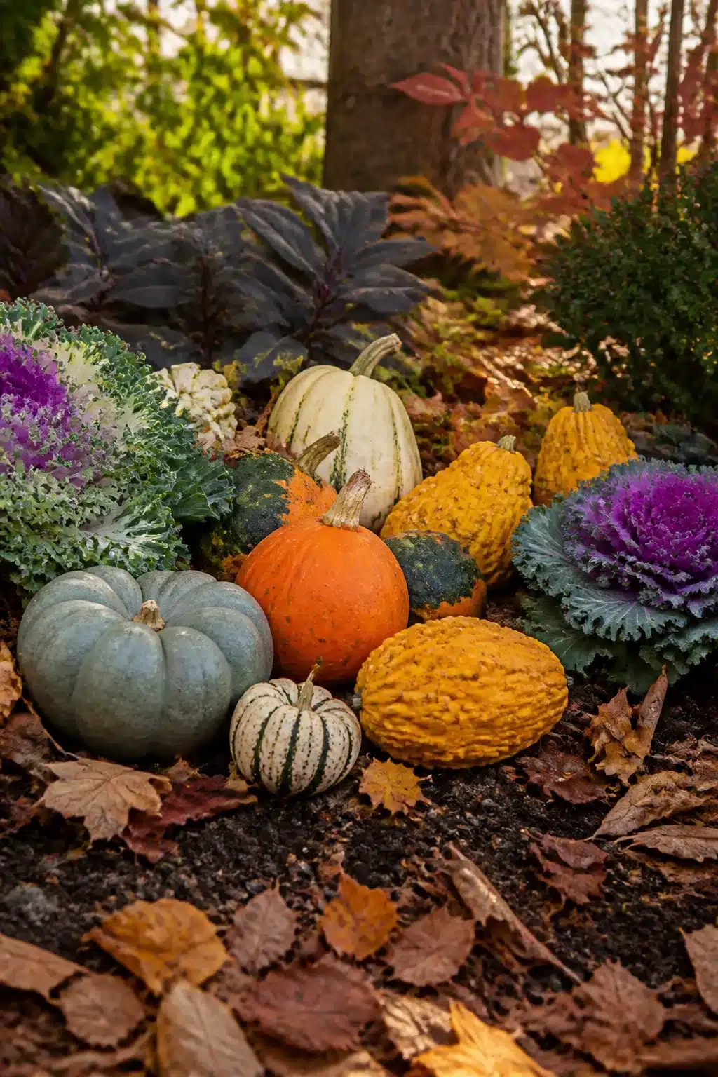 Mixed heirloom gourds and ornamental kale in a fall garden bed — colorful fall garden ideas for autumn outdoor displays.