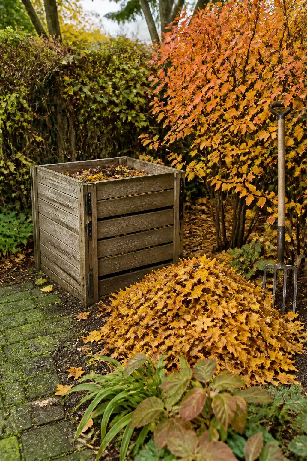 Wooden compost bin with golden fallen leaves and autumn foliage — fall garden ideas for a productive garden corner
