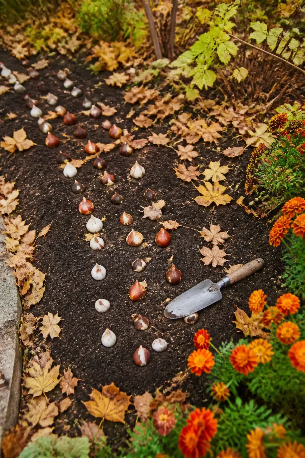 Tulip and allium bulbs laid out on dark garden soil with fallen leaves and marigolds — fall garden ideas