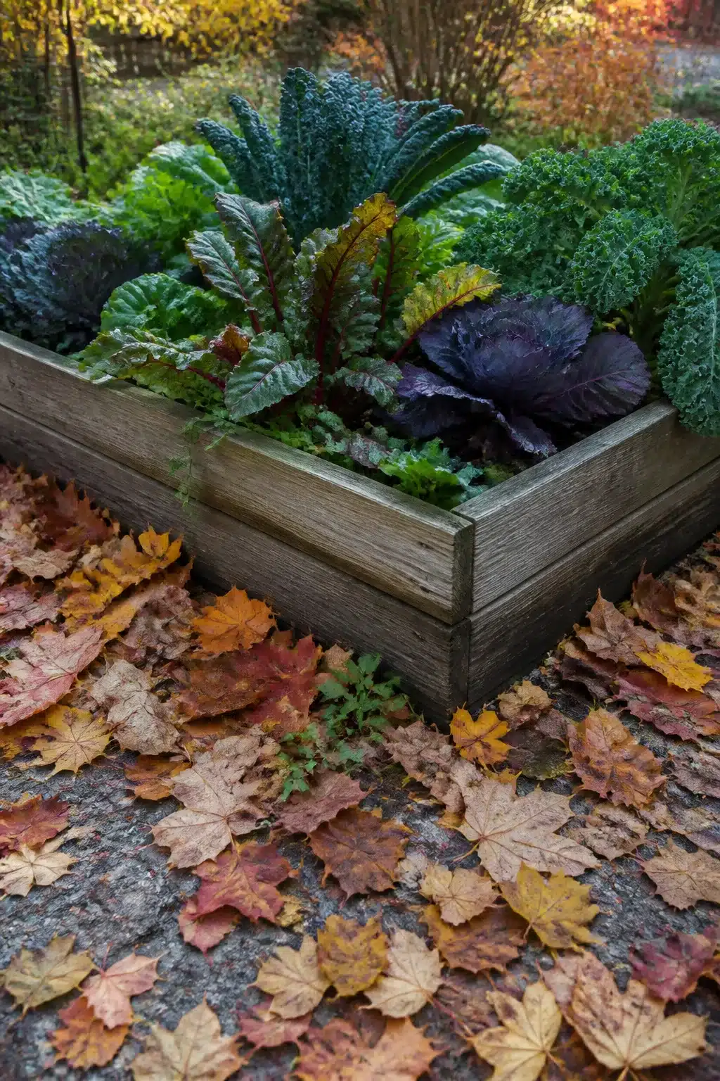 Weathered wood raised bed with kale, chard & red cabbage surrounded by fallen maple leaves — fall garden ideas