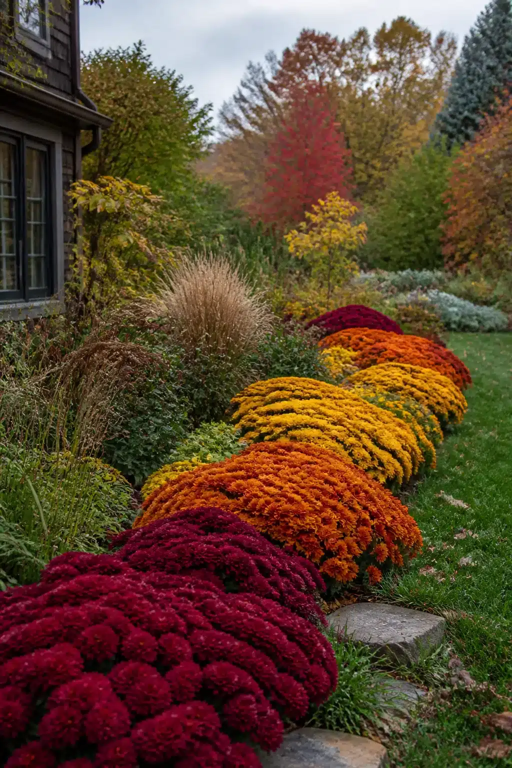 Ombre mum border in burgundy, orange, and gold — fall garden ideas for dramatic color block planting