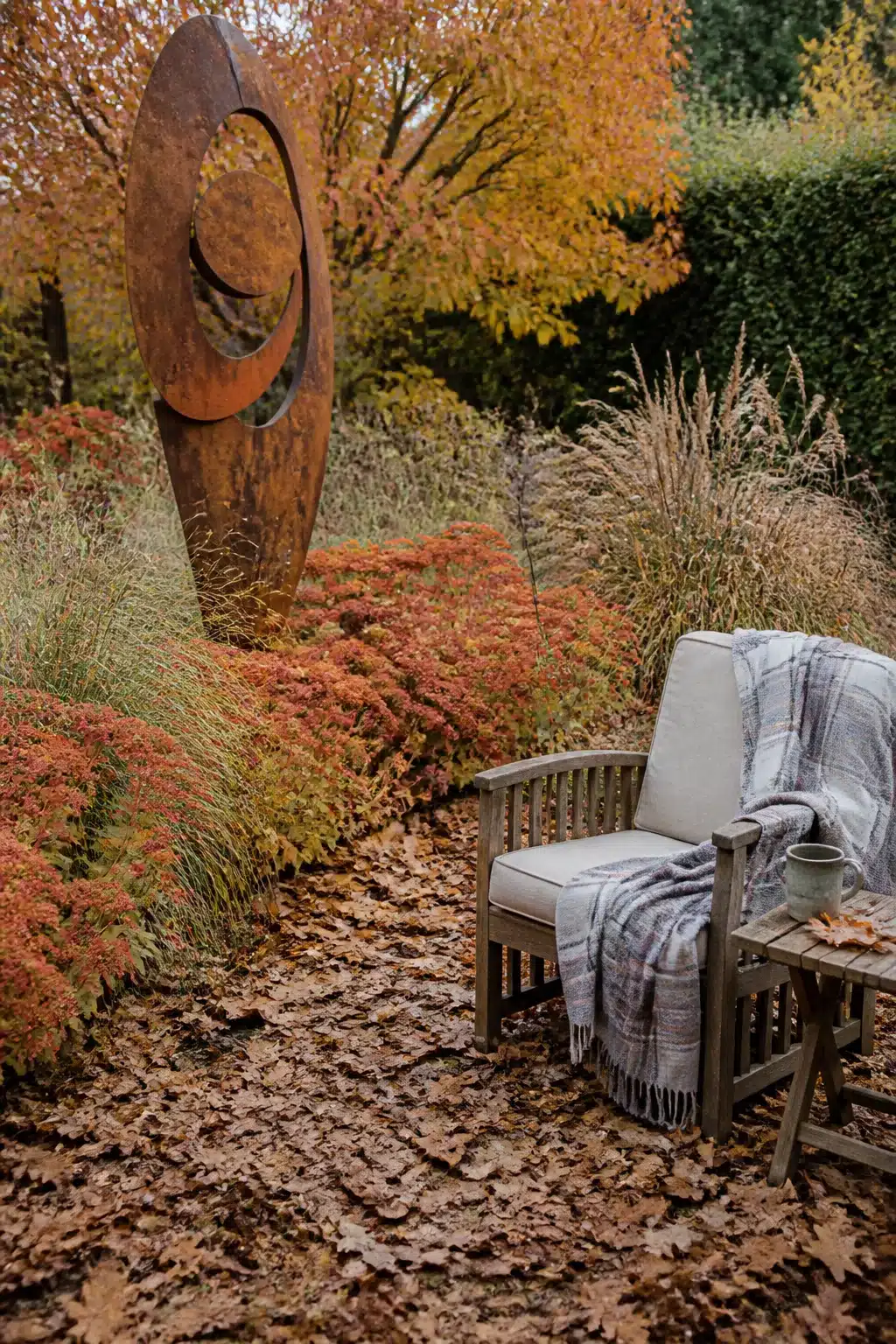 Corten steel garden sculpture surrounded by autumn foliage and ornamental grasses — fall garden ideas for outdoor art