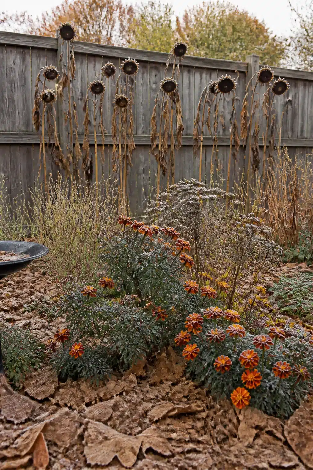 Dried sunflower seed heads on a wood fence with orange marigolds below — fall garden ideas for late-season interest