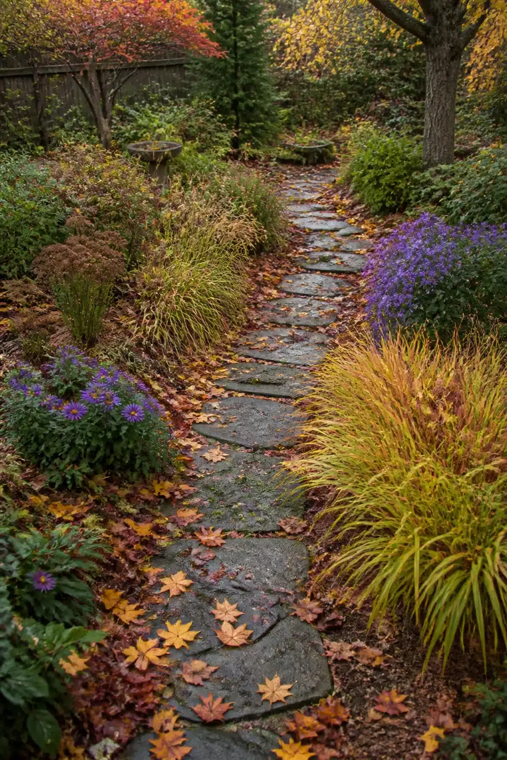 Winding flagstone garden path lined with asters, ornamental grasses, and fallen maple leaves — fall garden ideas