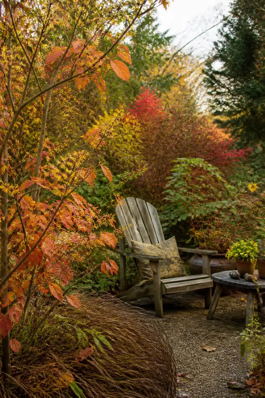 Fall garden ideas: weathered Adirondack chair surrounded by layered autumn foliage in gold, red, and yellow tones.