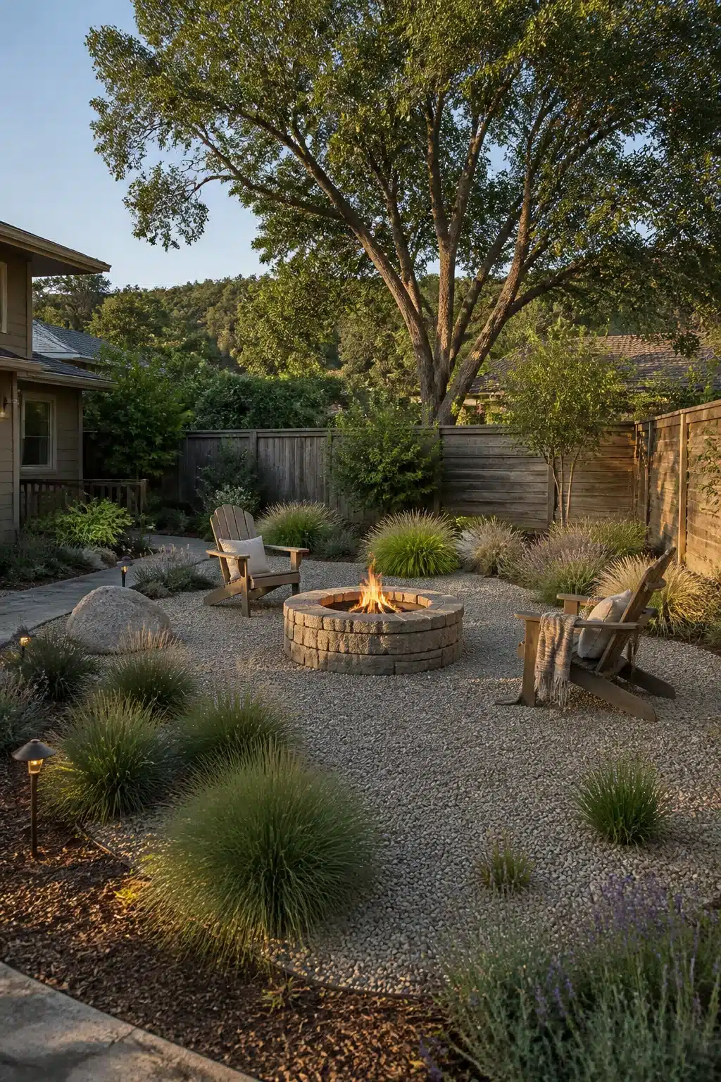 Stacked stone ring fire pit with gravel surround and ornamental grasses — backyard firepit landscaping ideas at dusk