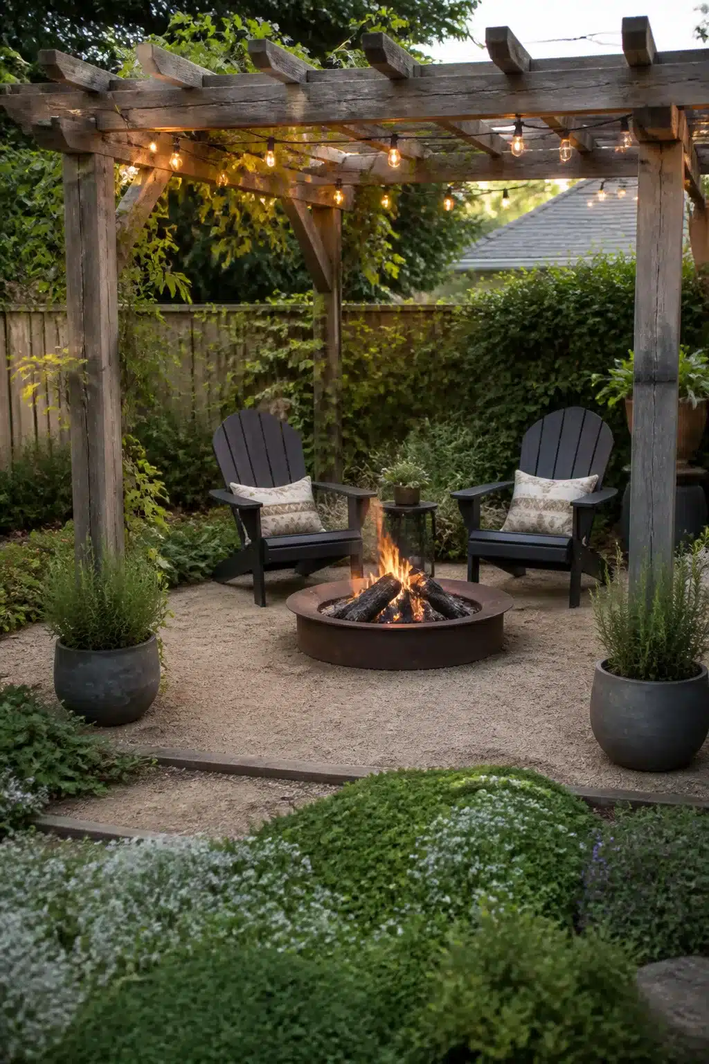 Rustic wood pergola with string lights and fire pit backyard landscaping ideas using gravel and planters
