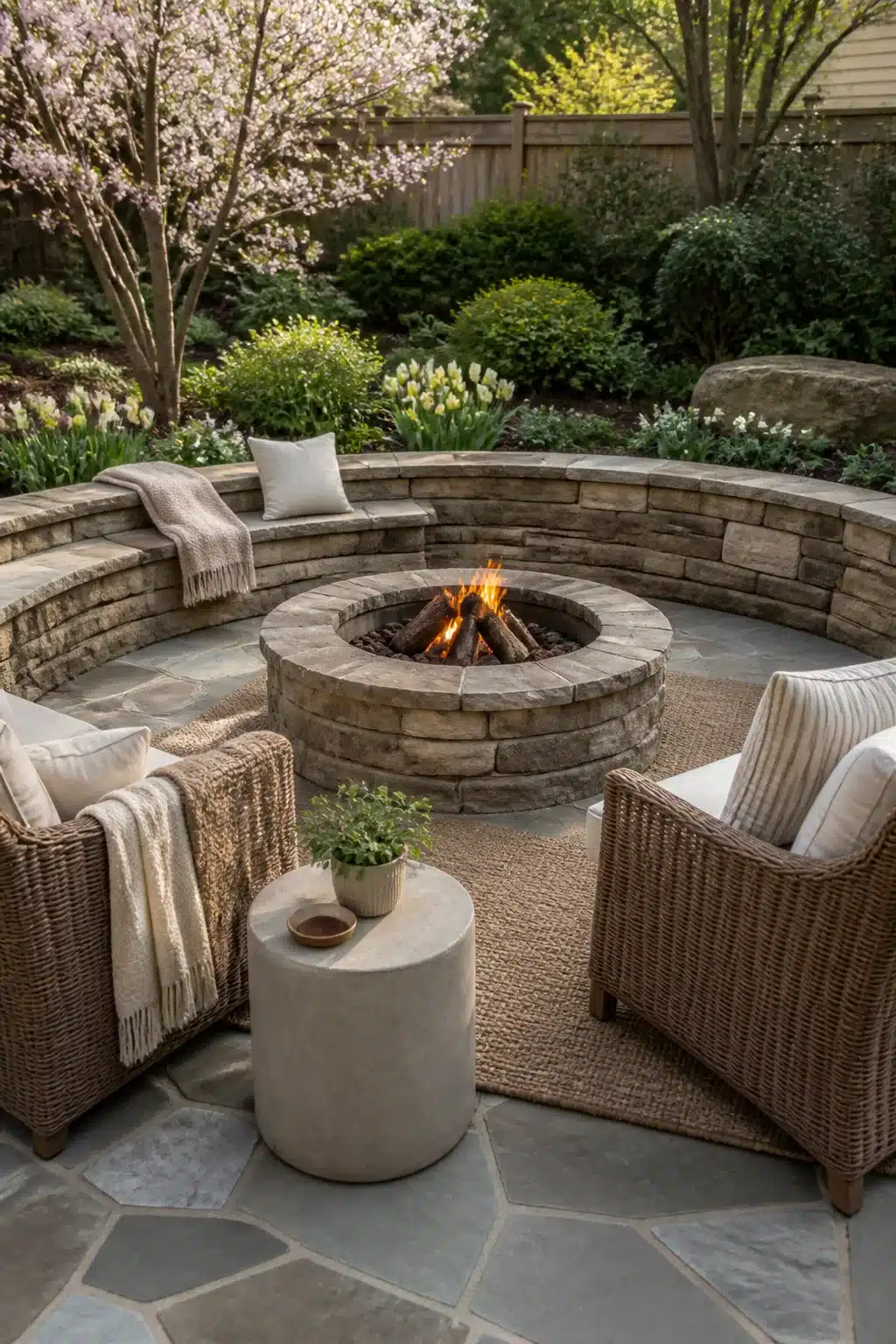 Curved stone seat wall fire pit backyard landscaping idea with wicker chairs and flagstone patio