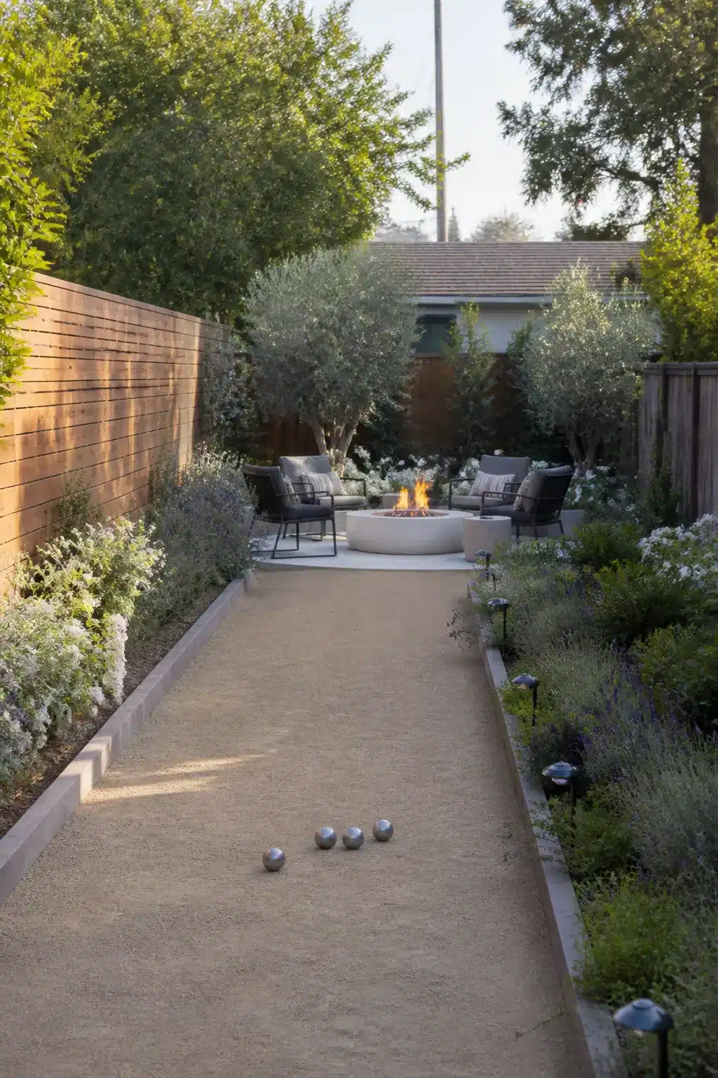 Bocce court and concrete fire bowl backyard — firepit backyard landscaping ideas with olive trees and sand surface