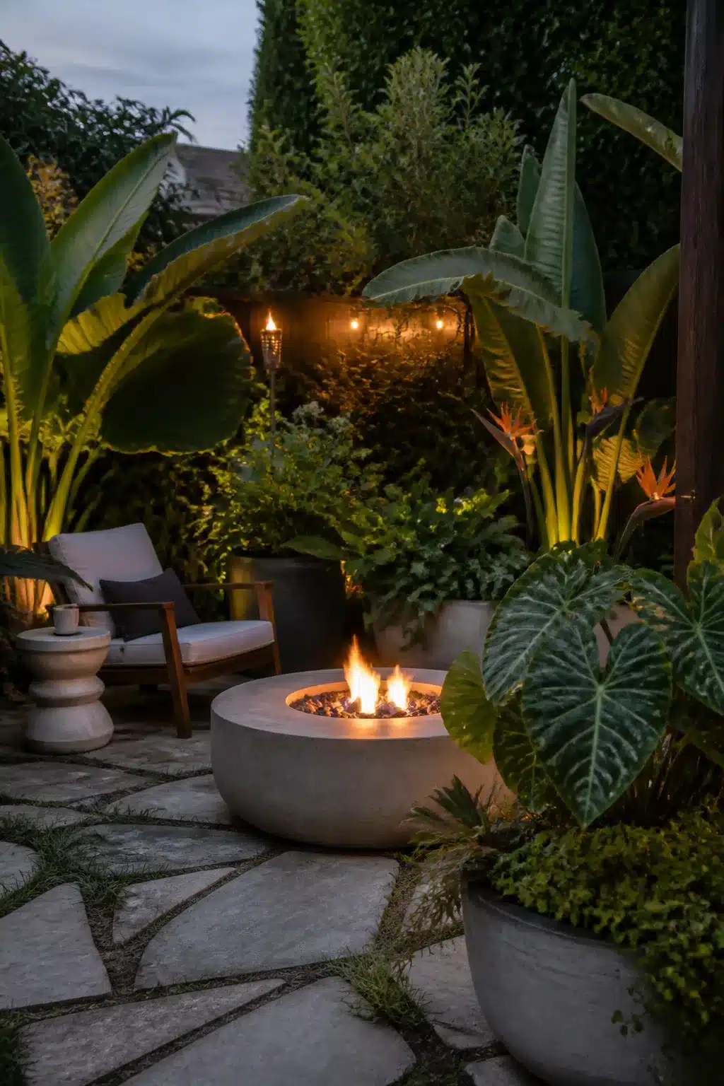 Concrete fire bowl with tropical banana leaf landscaping — firepits backyard landscaping ideas for a lush garden