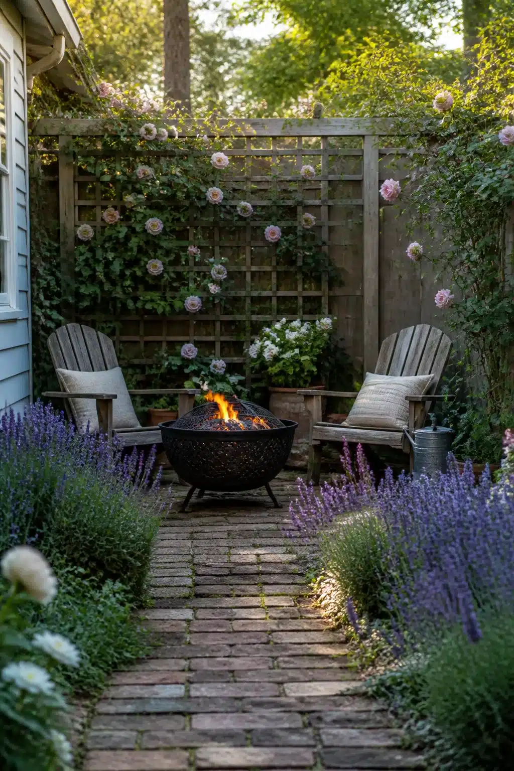 Cottage garden firepit backyard landscaping idea with climbing roses, brick path, lavender borders, and cast iron bowl fire pit.