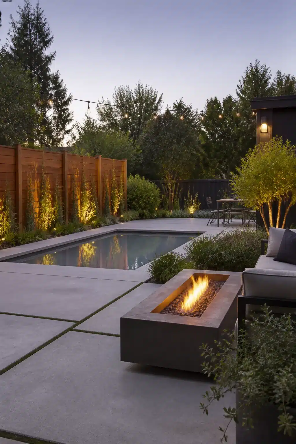 Concrete fire table beside lap pool at dusk — firepits backyard landscaping ideas with uplighting and modern pavers