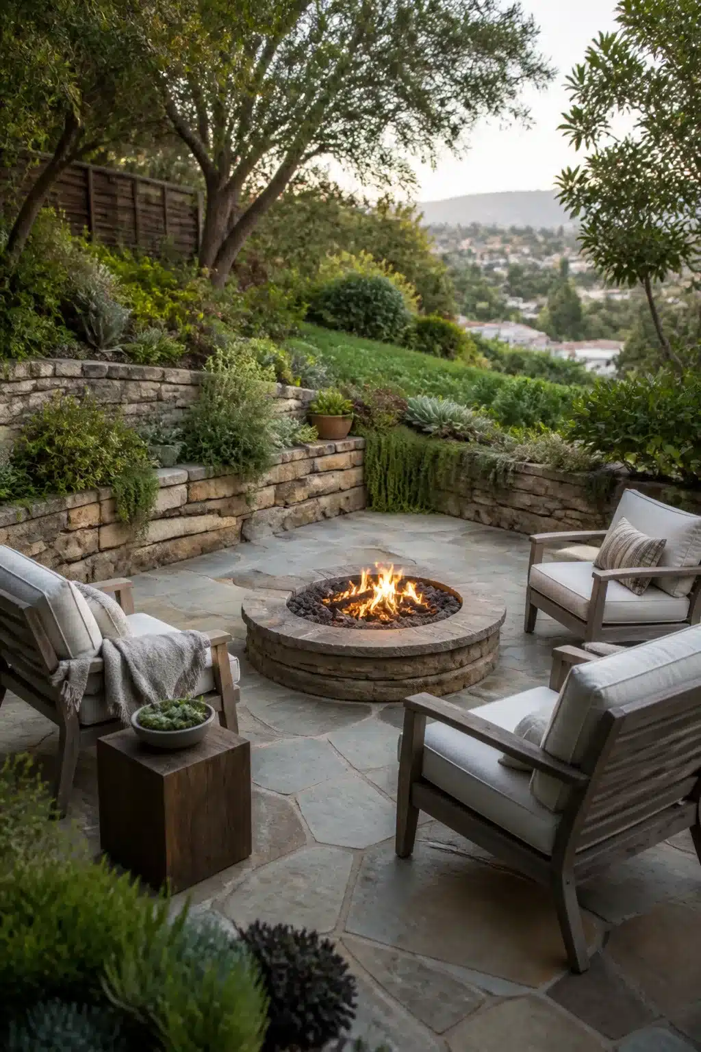 Hillside firepit backyard landscaping ideas with sandstone terraced walls, flagstone patio, and teak chairs around a stone fire pit.