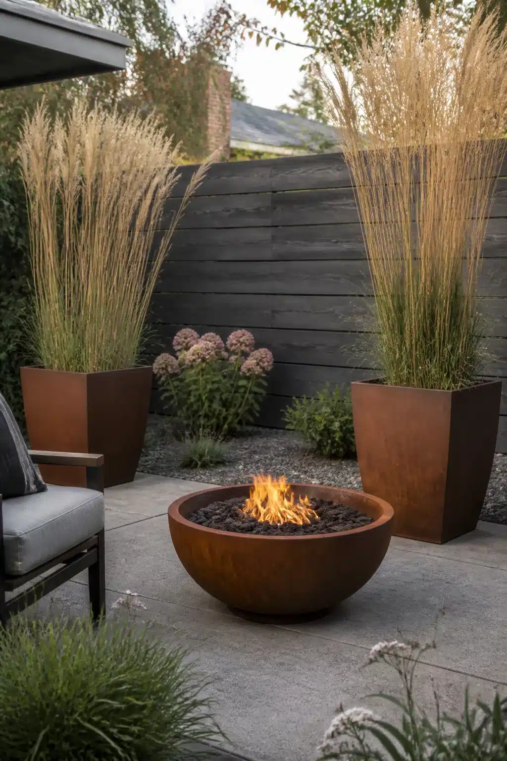 Corten steel fire bowl on concrete patio with tall grass planters — firepits backyard landscaping ideas