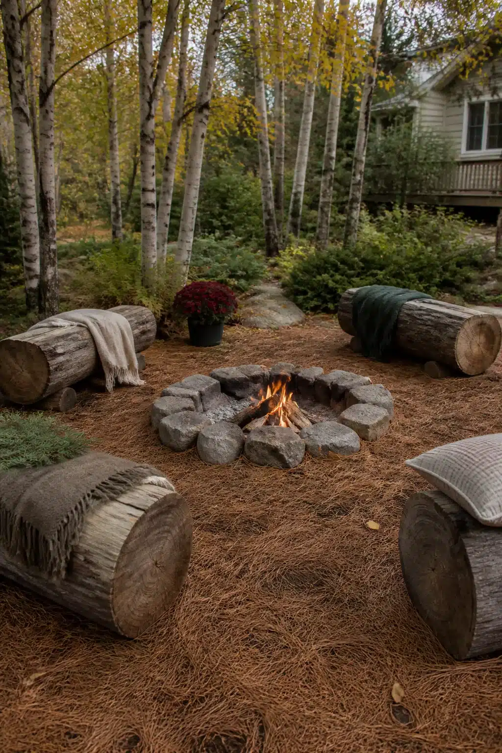 Rustic log seating circle with stone fire pit and pine needle ground cover — backyard firepit landscaping ideas