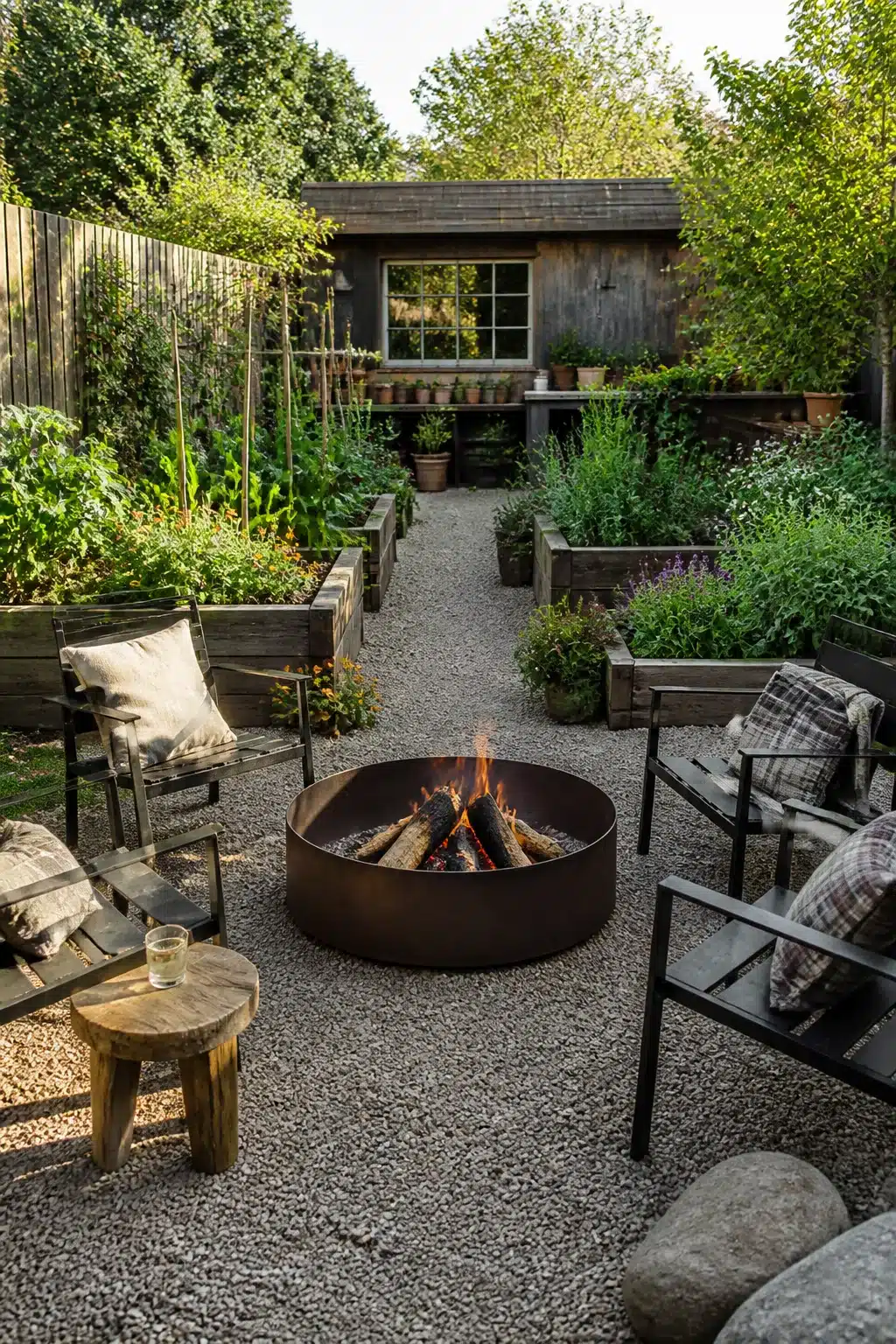 Raised timber edible garden beds with corten steel fire pit on gravel — firepit backyard landscaping ideas