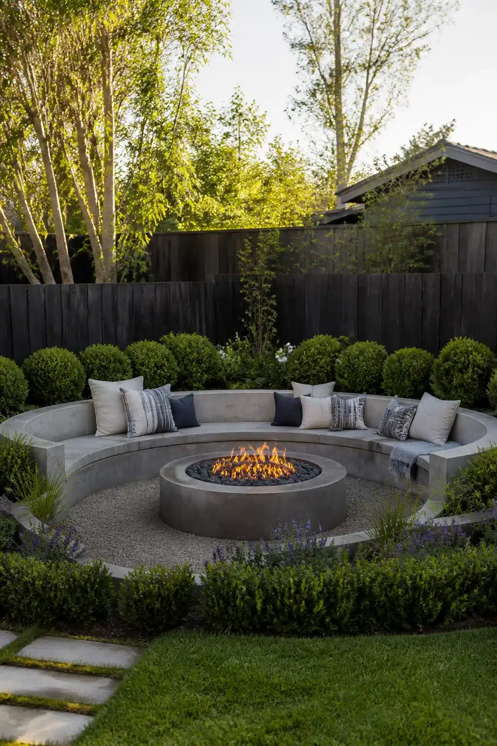 Sunken circular concrete fire pit with boxwood ring — backyard firepit landscaping ideas for structured outdoor spaces