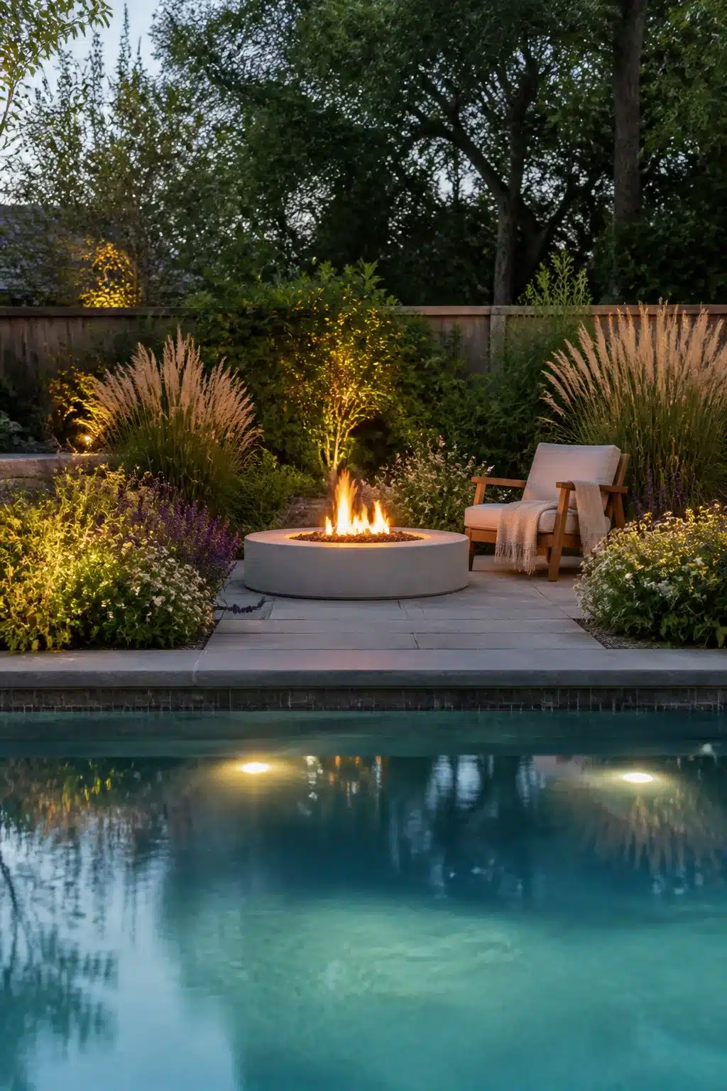 Round concrete fire pit poolside with ornamental grasses and perennials — firepits backyard landscaping ideas