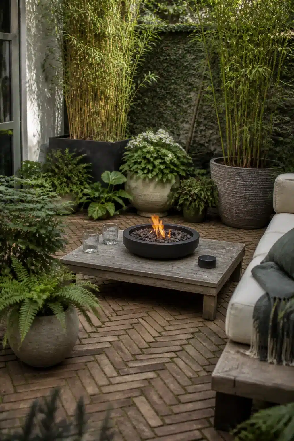 Herringbone brick patio with tabletop fire bowl and bamboo planters — firepits backyard landscaping ideas