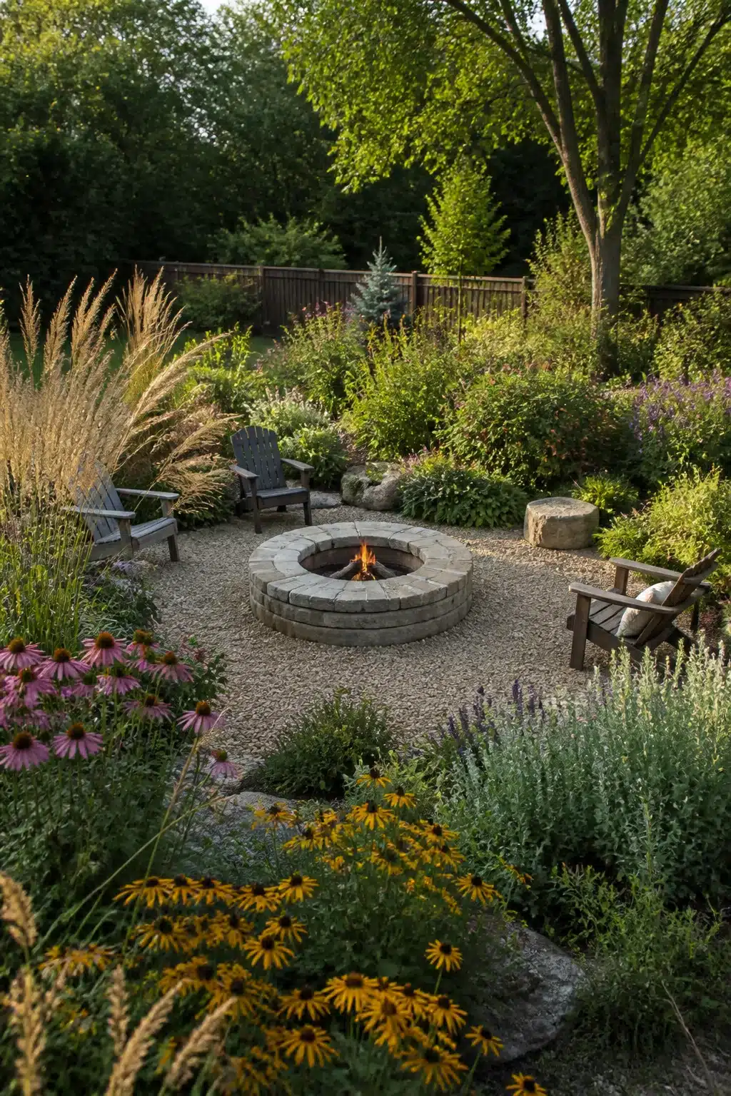 Prairie-style firepit backyard landscaping idea with wildflower borders, gravel seating circle, and stacked paver fire ring.