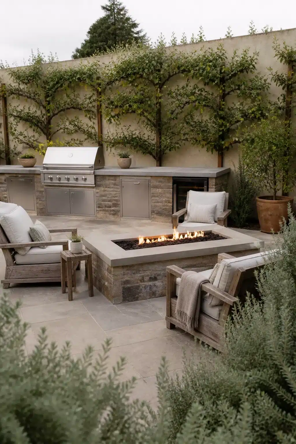 Limestone patio firepit backyard landscaping idea with built-in BBQ and espalier trees against a stone wall.