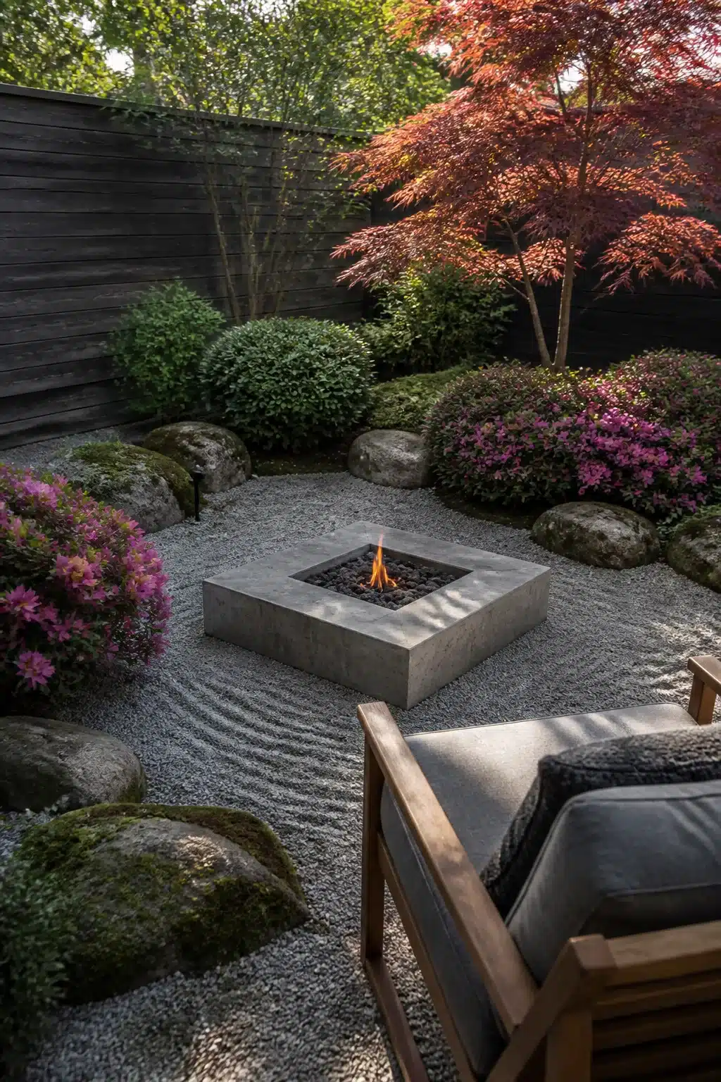 Zen backyard firepits landscaping idea with raked gravel, boulders, azaleas, and square concrete fire pit