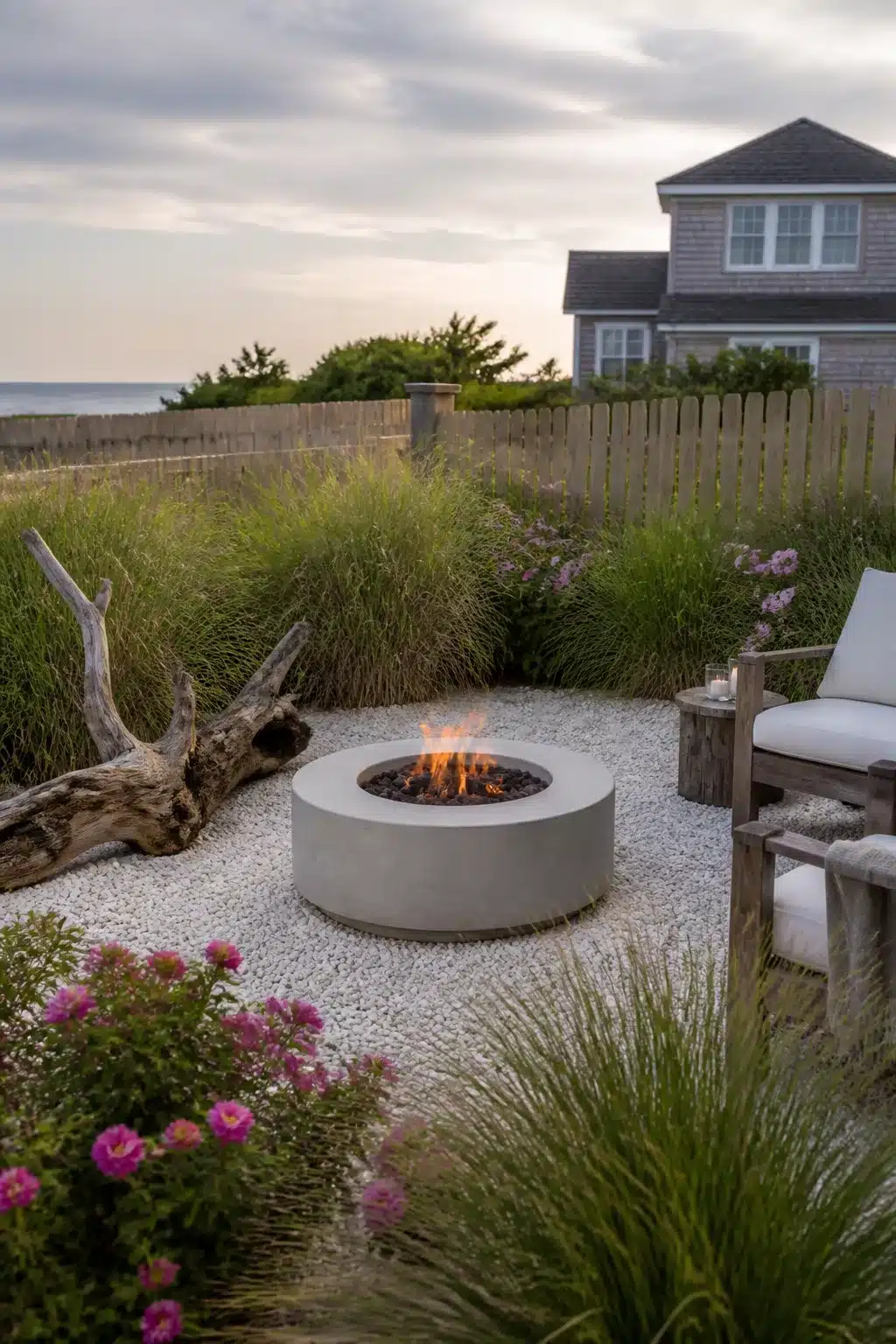 Coastal backyard firepit landscaping idea with concrete fire bowl, pea gravel, driftwood, and seaside grasses at dusk.
