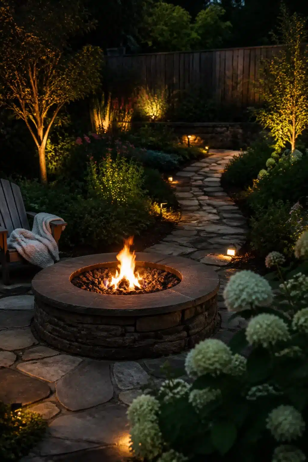 Stacked stone fire pit with low-voltage path lights and hydrangeas — backyard firepit landscaping ideas at night