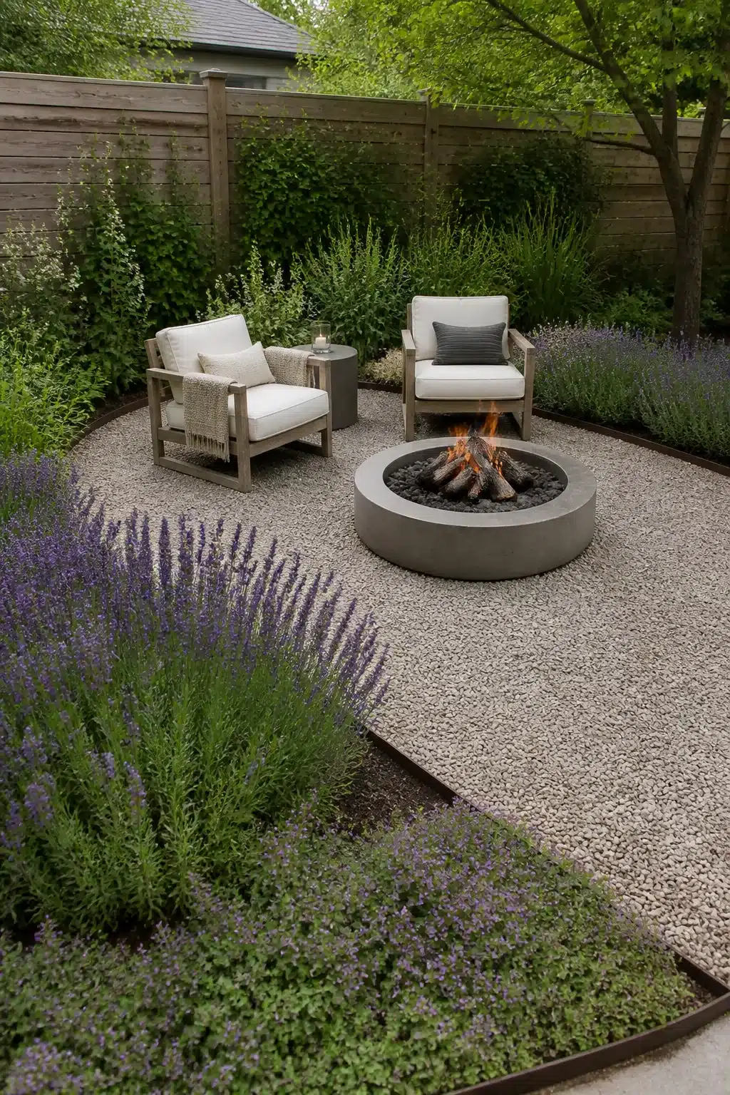 Pea gravel fire pit backyard with lavender borders — firepits backyard landscaping ideas with concrete bowl firepit