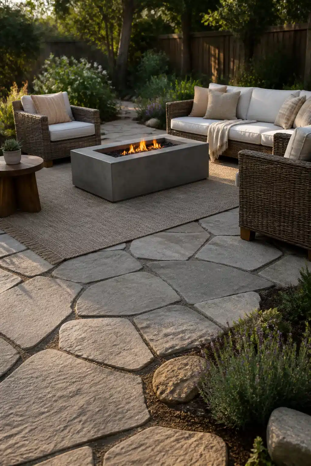 Flagstone patio with rectangular concrete fire pit and wicker seating — backyard firepit landscaping ideas