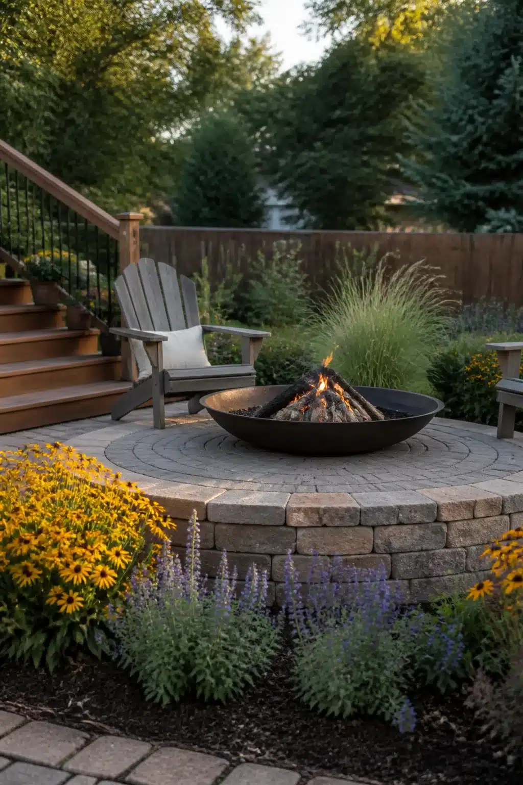 Raised paver fire pit platform with black steel bowl and flower borders — backyard firepit landscaping ideas