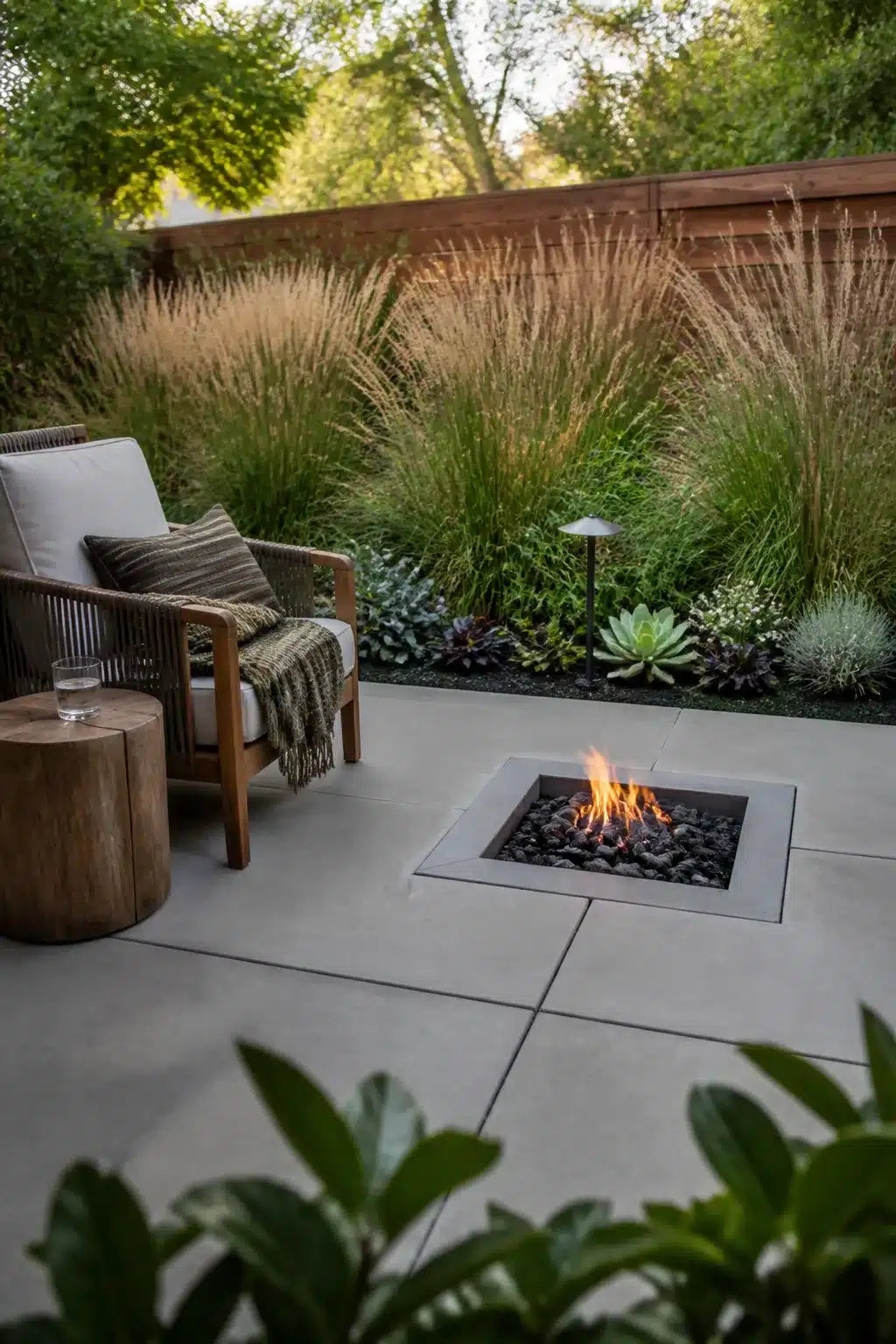 Modern flush square fire pit in concrete paver patio with ornamental grasses — firepits backyard landscaping ideas