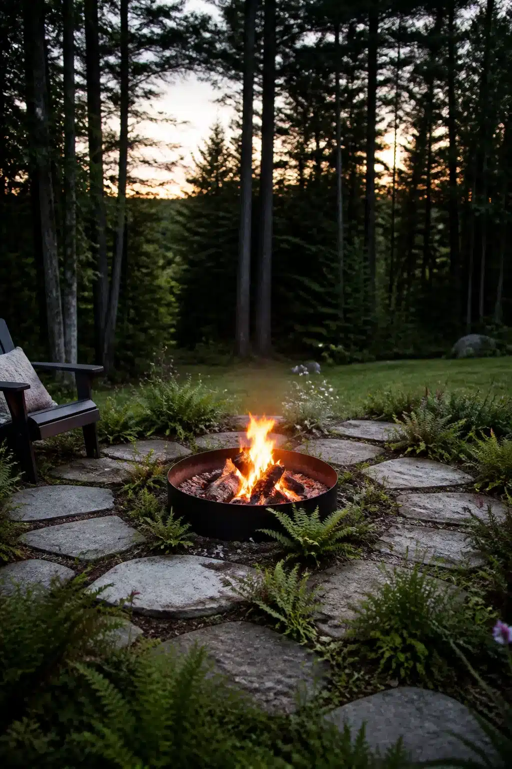 Flagstone fire pit circle with fern border at woodland edge — backyard firepit landscaping ideas at dusk