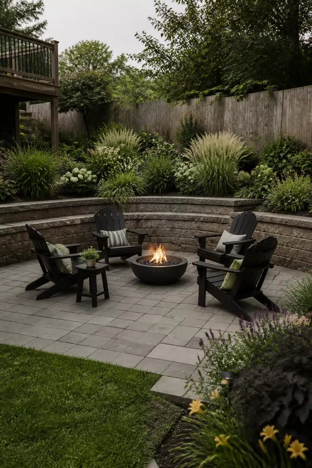 Backyard firepit landscaping idea with curved stone retaining wall, black Adirondack chairs, and lush tiered planting beds