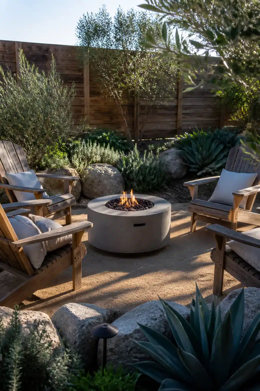 Decomposed granite fire pit backyard landscaping ideas with teak chairs, agave, boulders, and concrete fire bowl.