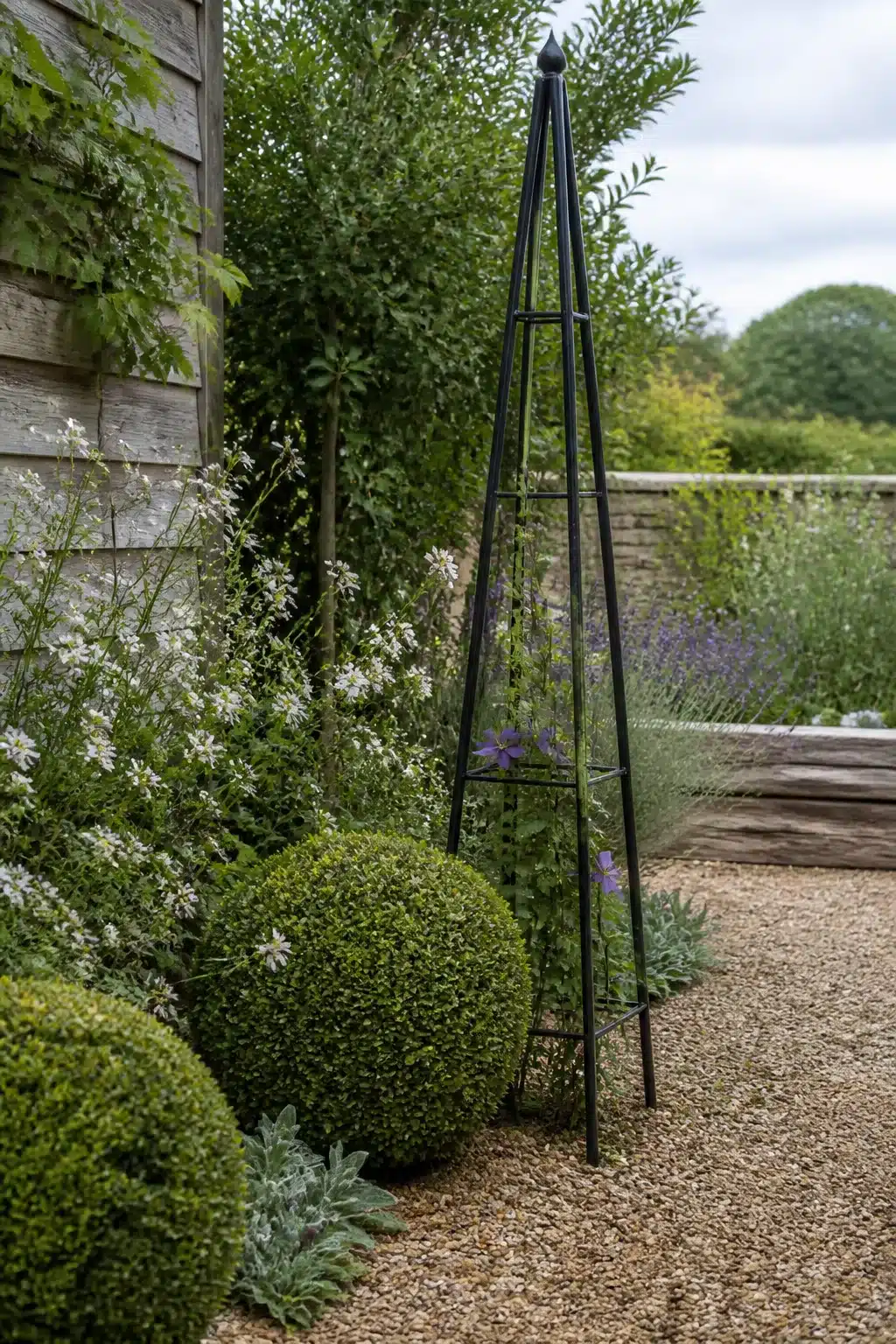Matte black powder-coated steel garden obelisk designs in a gravel border with boxwood and clematis