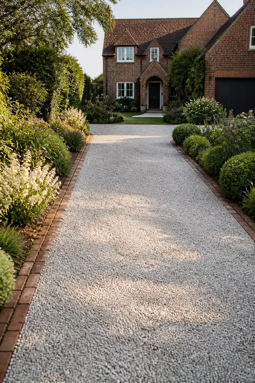 Light gray gravel driveway with red brick edging and lush border planting — Gravel Driveway Ideas