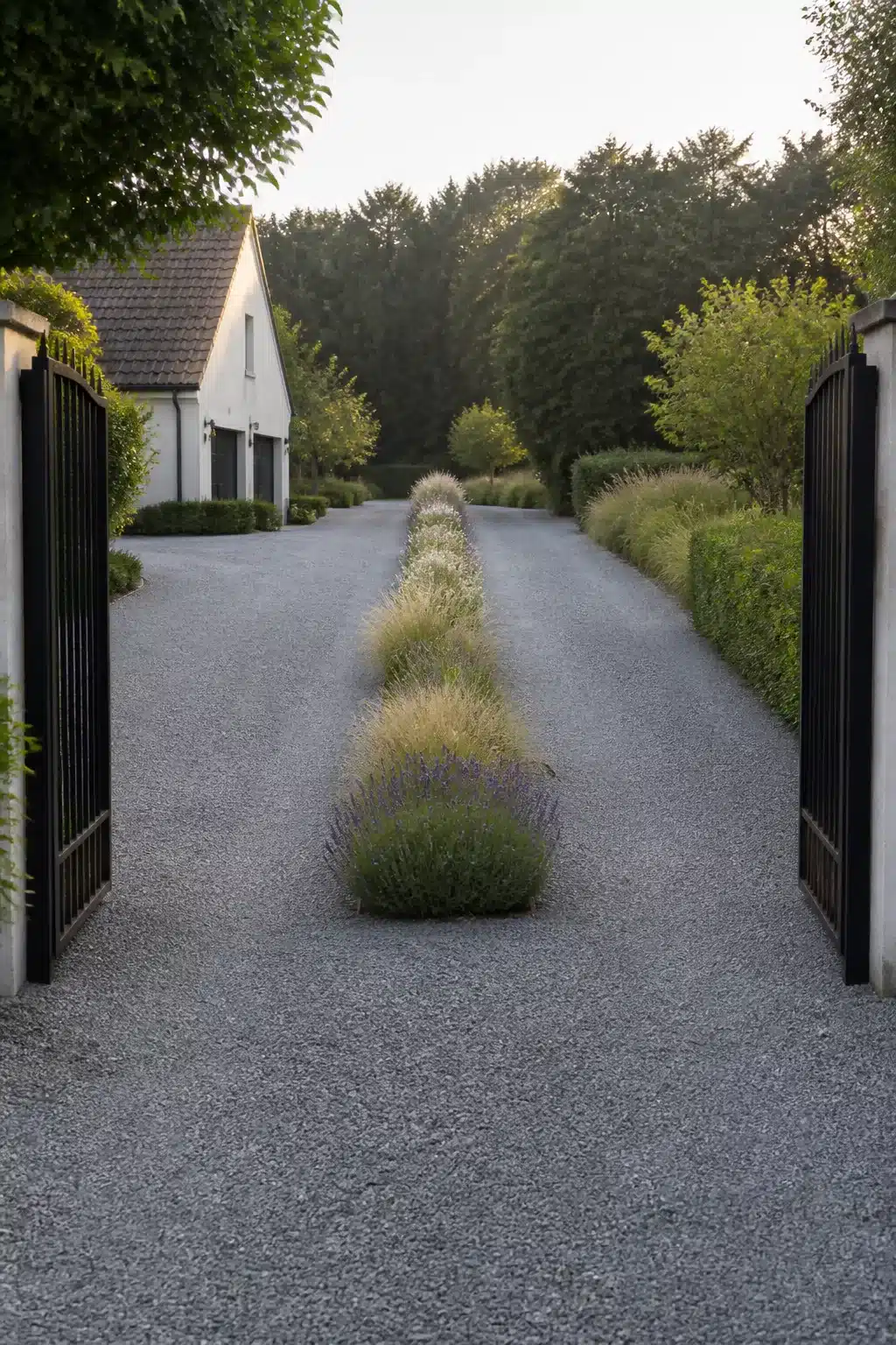 Gravel driveway ideas with a central grass planting strip and black steel entry gates leading to a white house
