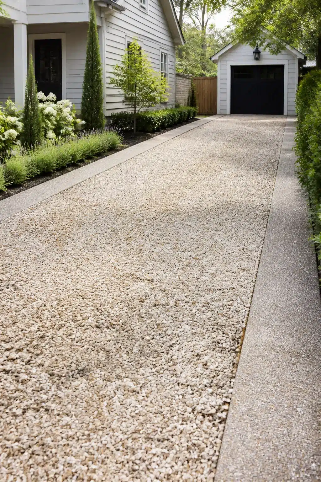 Gravel driveway ideas with exposed aggregate concrete border edging and cream pea gravel fill, residential front approach